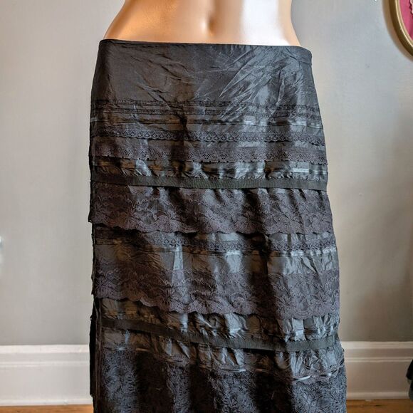 Vintage 90s Y2K Express Midi Skirt Black Lace Tiered Fairycore Whimsygoth 3 - Picture 4 of 11